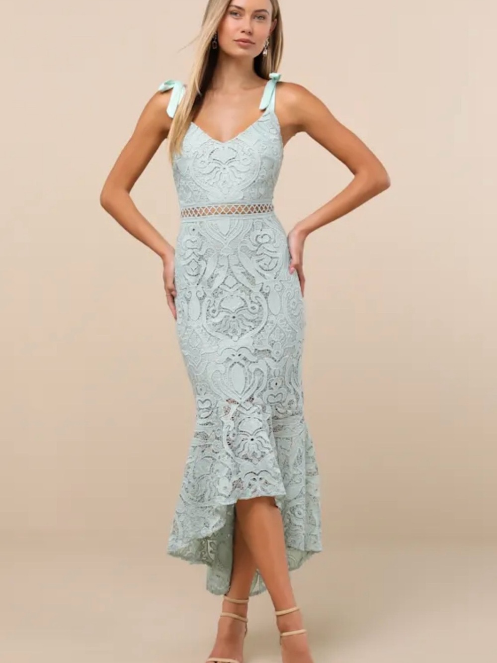 Lulus Won Your Heart Sage Green Lace Tie-Strap High-Low Midi Dress Size S